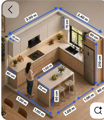 Angled kitchen layout illustration with an island, light cabinetry and dimension labels.