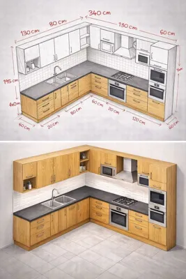 Two views of an L-shaped kitchen layout with dimension annotations, pale upper cabinets and wood-tone lower cabinets.