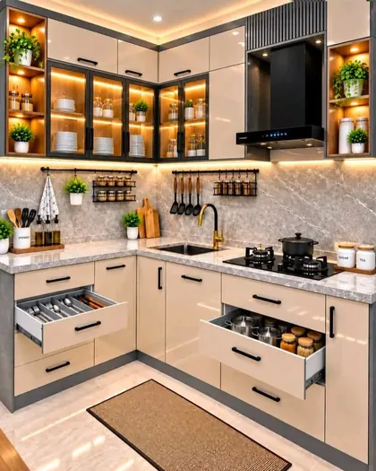 Corner kitchen with beige gloss cabinets, pull-out drawer organizers, glass-front uppers and a grey stone backsplash.