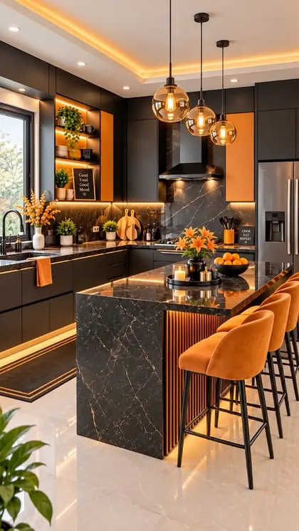 Dark kitchen with orange accents, a marble-look island, slatted seating side and globe pendant lights.