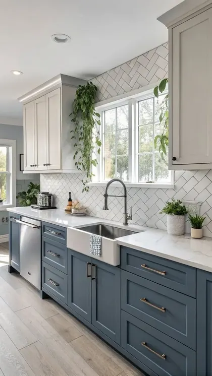 Kitchen with blue-grey base cabinets, light upper cabinets, a herringbone tile backsplash and a farmhouse sink.