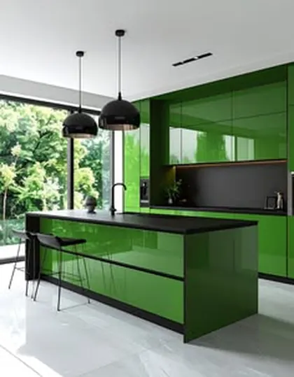 Bright green kitchen with an island, black pendant lights, a dark backsplash and a large window.