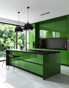 Bright green kitchen with an island, black pendant lights, a dark backsplash and a large window.