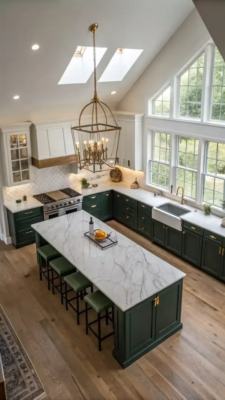 Large kitchen with dark-green cabinets, a marble-look island, skylights and a vaulted ceiling.