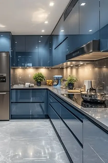Glossy blue-grey kitchen with flat-panel cabinets, under-cabinet lighting, a stone-look backsplash and a gas cooktop.