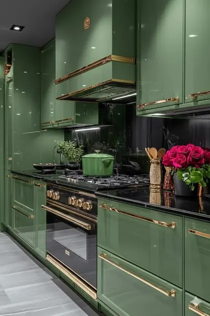 Glossy green kitchen cabinets with brass-tone pulls, a black stone backsplash and a gas range.
