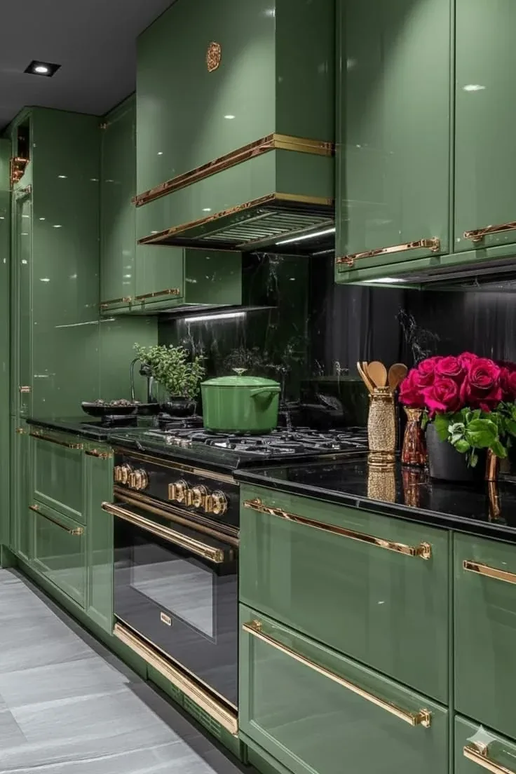 Glossy green kitchen cabinets with brass-tone pulls, a black stone backsplash and a gas range.
