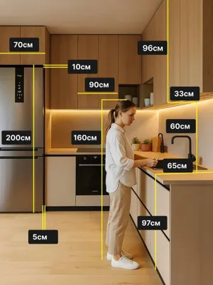 Kitchen cabinet-height illustration with a person, wood-tone cabinetry and dimension labels.