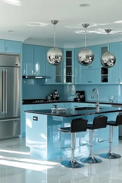 Light-blue kitchen with a dark-top island, black stools and mirrored sphere pendant lights.