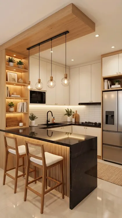 Compact kitchen with a slatted wood peninsula, black countertop, cream cabinets and glass globe pendants.
