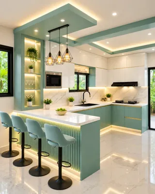Mint-green kitchen with a breakfast bar, stools, pale countertops and illuminated ceiling details.