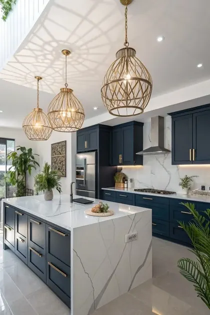 Navy kitchen with a white waterfall island, brass-tone cage pendants and a marble-look backsplash.