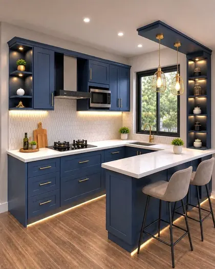 Navy L-shaped kitchen with a peninsula, brass-tone pulls, lit open shelving and pendant lights.