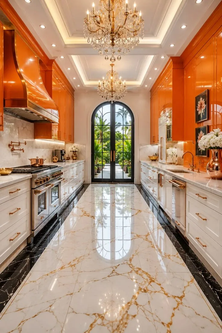Galley kitchen with orange upper cabinets, white lower cabinets, chandeliers and a veined marble floor.