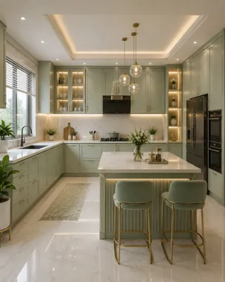 Pale-green kitchen with a central island, light counters, glass-front cabinet sections and stools.