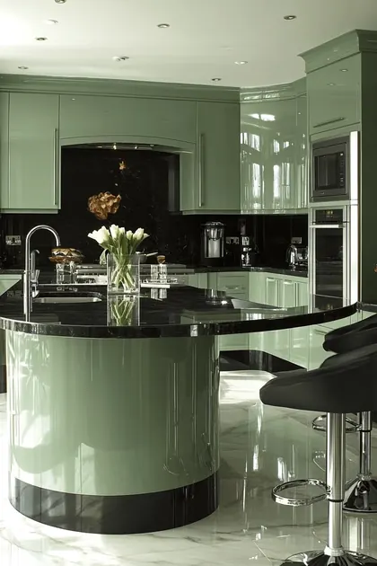 Sage-green kitchen with a curved island, black stone countertop, built-in oven and polished floor.