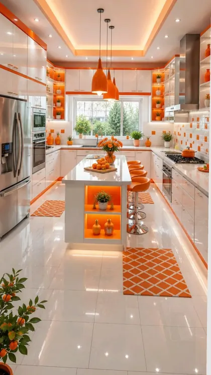 White kitchen with orange accents, lit open shelving, an island with seating and a tray ceiling.