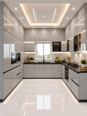 White U-shaped kitchen with dark-framed glass upper cabinets, light counters and recessed ceiling lighting.