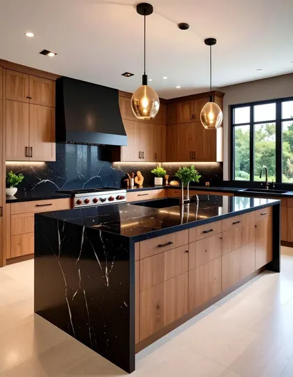Wood-tone kitchen with a black marble island, black range hood and amber glass pendant lights.