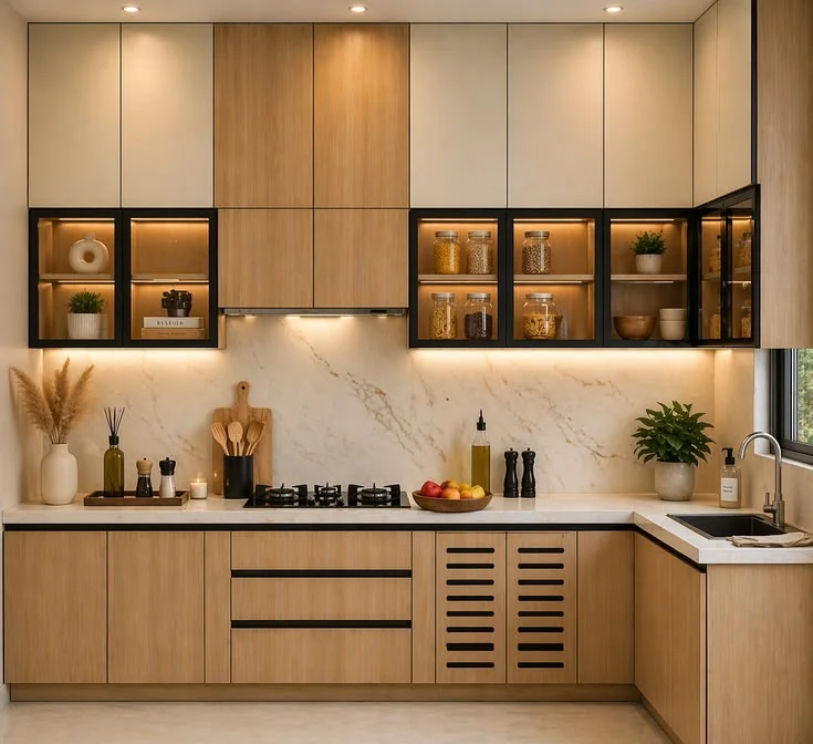 Wood-grain kitchen with flat-panel lower cabinets, dark-framed glass upper cabinets, light counters and a tiled backsplash.