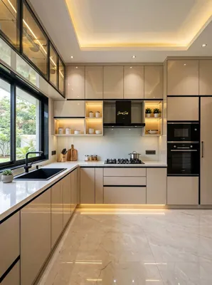 Wood-tone kitchen with dark-framed glass upper cabinets, light counters and a large window beside the sink.